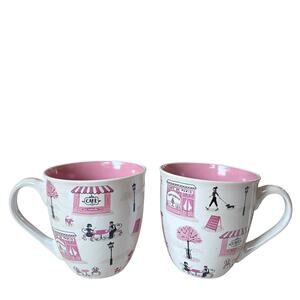 Fig & Fern Paris Bistro Cafe Mug Set of 2 Romantic Pink Coffee Tea Mug NEW